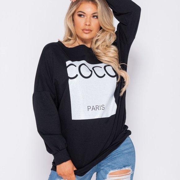 Black Coco Paris Print Long Sleeve Oversized Sweatshirt - Picture 7 of 8